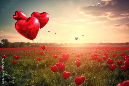 Heart shaped red metallic balloons growing in a field illustration.