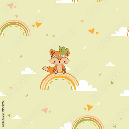 Cute cartoon fox charcter sitting on the rainbow with hearts on the background illustration. Woodland animals characters seamless pattern. Nursery kids room wall design. Nursery room wall animals