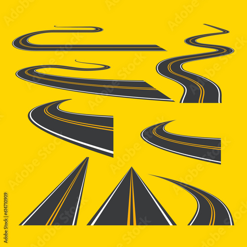 Vector road way winding journey highway illustration. Asphalt street path isolated road