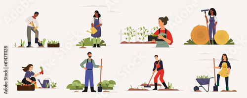 Farm workers. Cartoon persons working in country field cultivate crops and plant seeds, agricultural employees working in garden with tools. Vector flat illustration