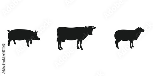 Minimalistic pig. cow and sheep black silhouette oh white background. Rural cattle icons.
