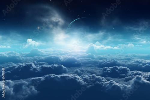 Flying over deep night clouds with moonlight