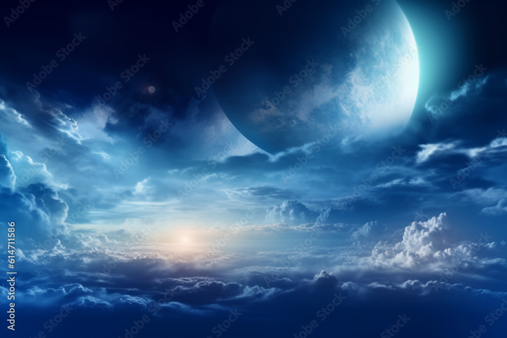 Flying over deep night clouds with moonlight