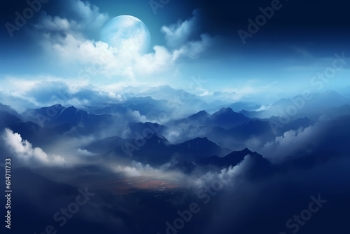 Flying over deep night clouds with moonlight