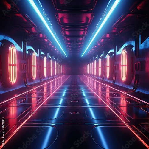 Neon glowing lamps in a dark tunnel. Reflections on the floor and walls. Generative AI © Slanapotam