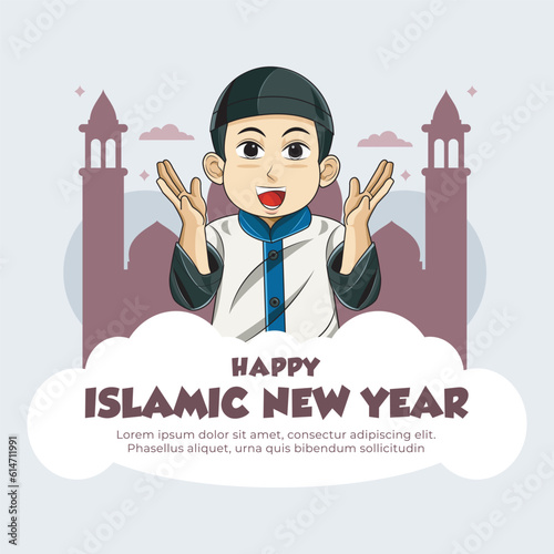 Tahun baru islam. Islamic new year boy character illustration