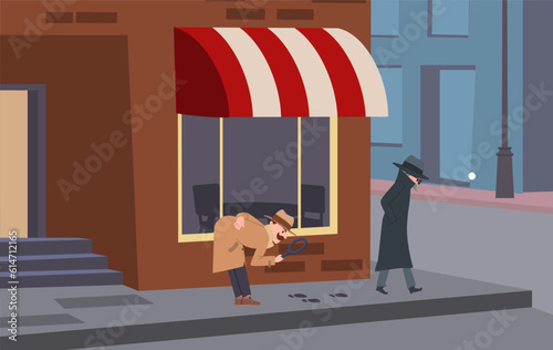 Detective or spy tracking footprints of mysterious person with magnifier, cartoon flat vector illustration.