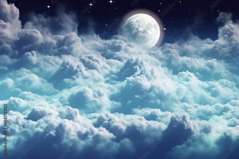 Flying over deep night clouds with moonlight Flying over deep night clouds with moonlight