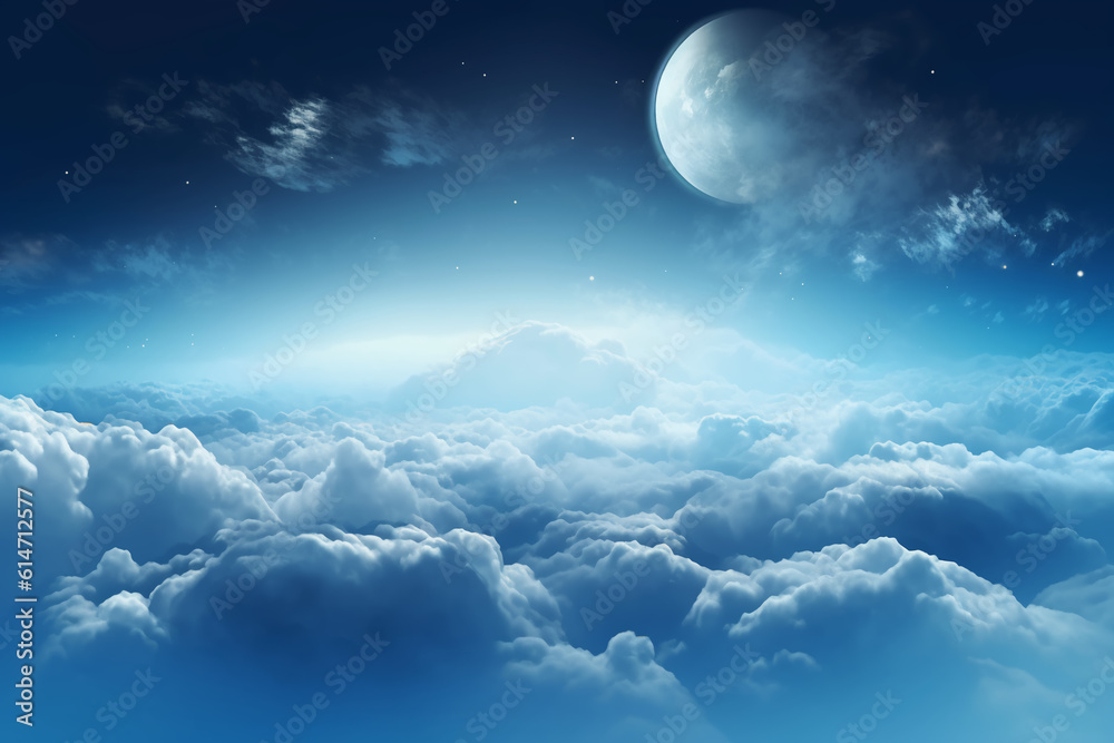 Flying over deep night clouds with moonlight