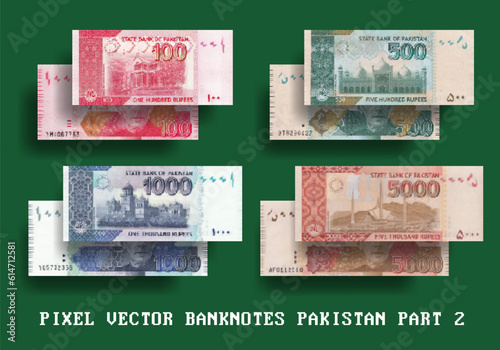 Vector set of pixelated mosaic banknotes of Pakistan. Notes in denominations of 100, 500, 1000 and 5000 Pakistani rupees. Part two.