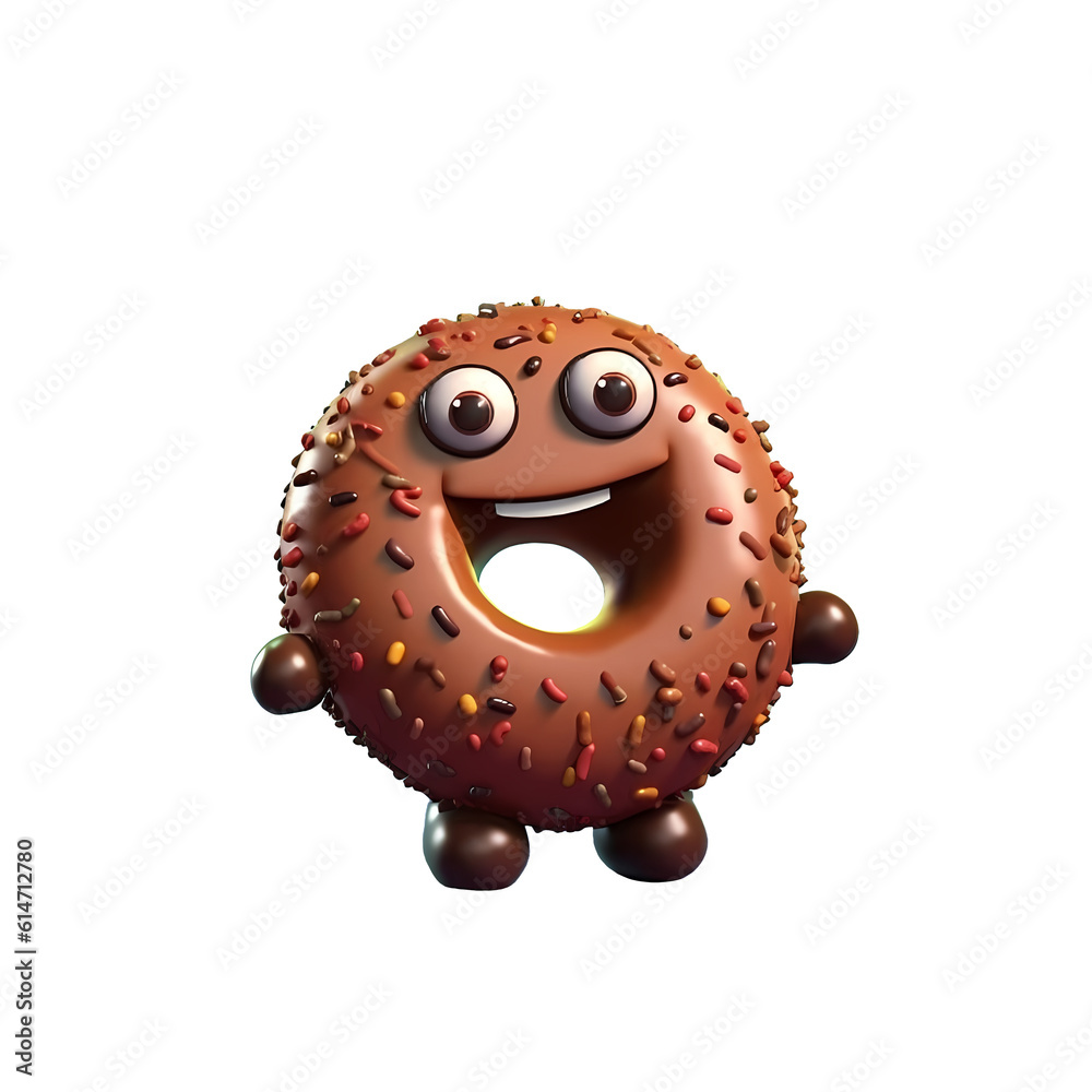 Funny chocolate donut cartoon character with eyes, isolated.National Donut Day or Fat Thursday. Funny illustration for a pizzeria, cafe, fast food, and menu. Generative AI.
