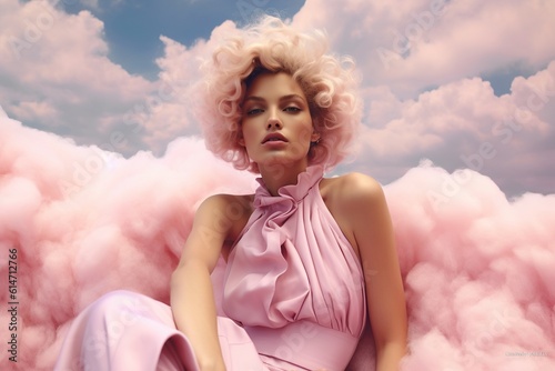 Feminine opportunity: girl in a glittering pink dress with eagerly-awaiting blue sky and cloud-flecked horizon