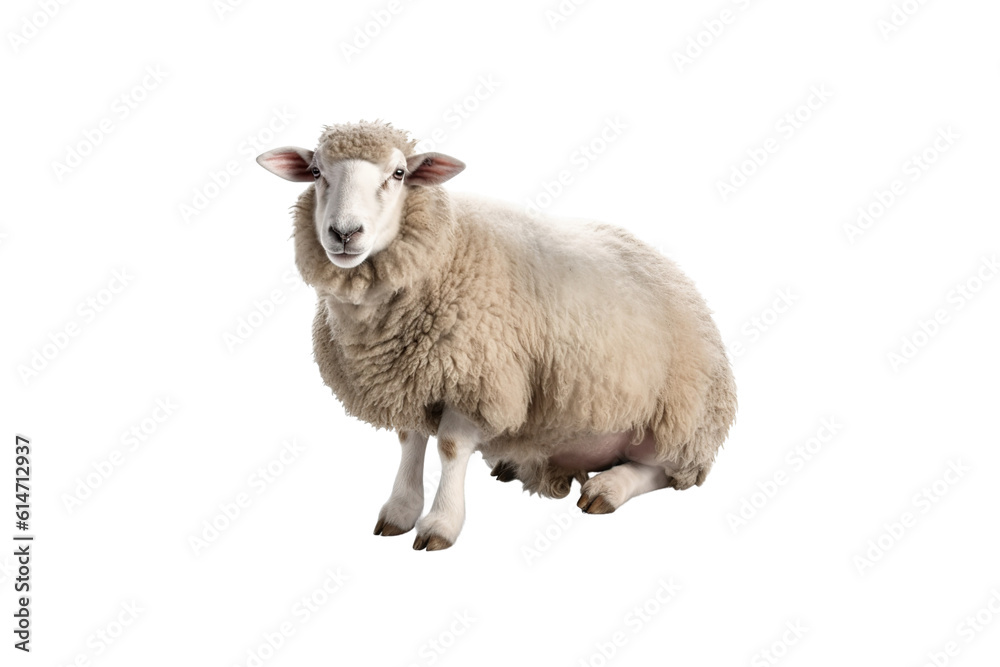 Cut out of young sheep isolated on white background looking at camera. No people. Copy space generative AI.