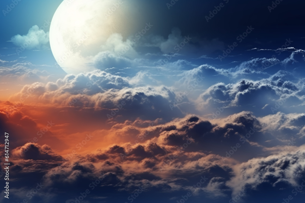 Flying over deep night clouds with moonlight