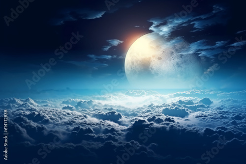 Flying over deep night clouds with moonlight