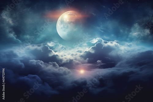 Flying over deep night clouds with moonlight