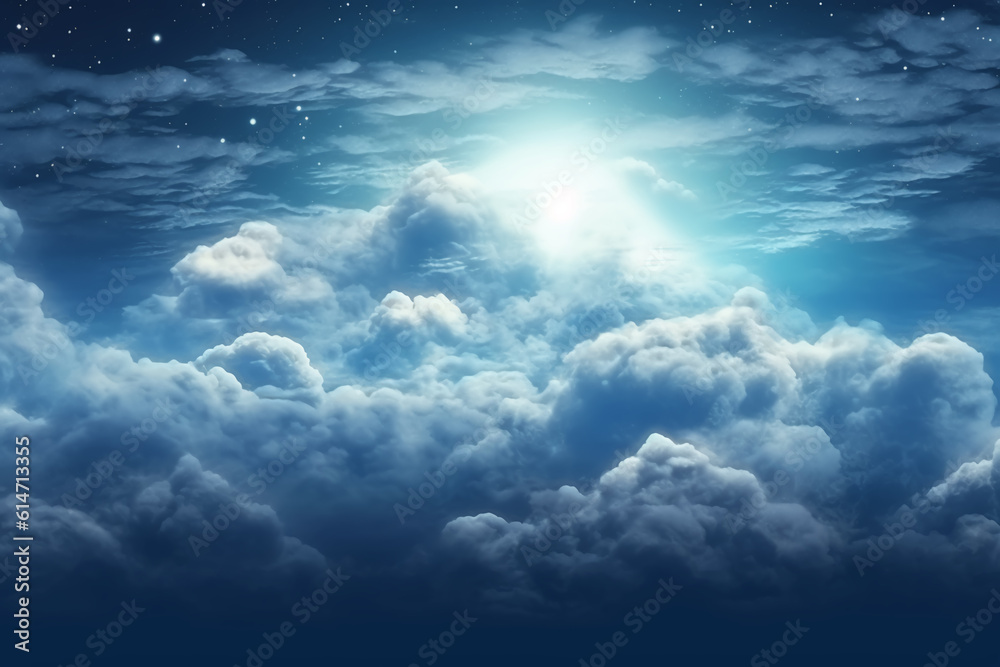 Flying over deep night clouds with moonlight Flying over deep night clouds with moonlight