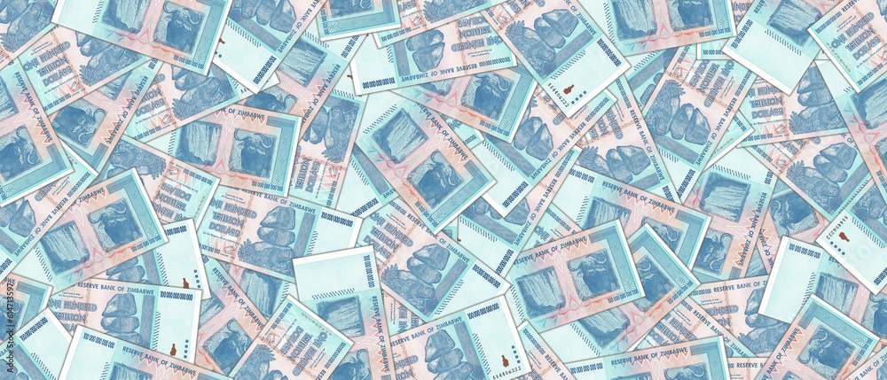 Fototapeta premium Hyperinflation illustration. Seamless pattern. Randomly scattered banknotes of 100 trillion Zimbabwean dollars. Wallpaper or background.