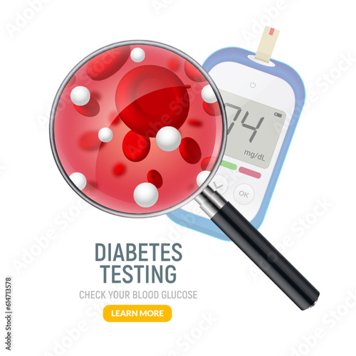 Glucose sugar test. Glucometer vector blood monitor. Diabetes sugar meter insulin control device illustration