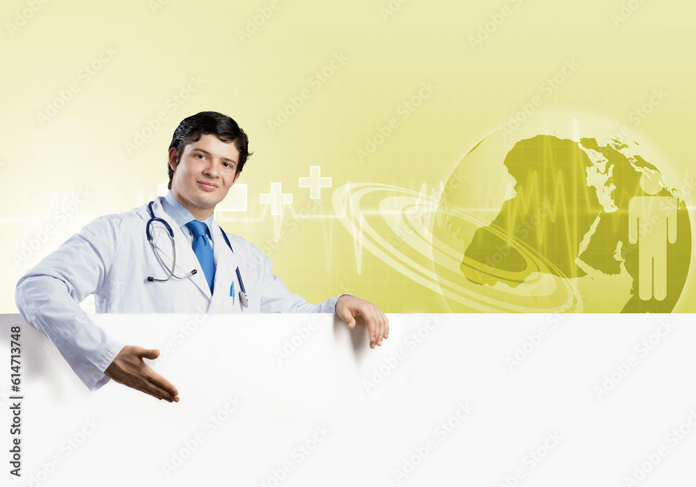 Doctor with banner Doctor with banner