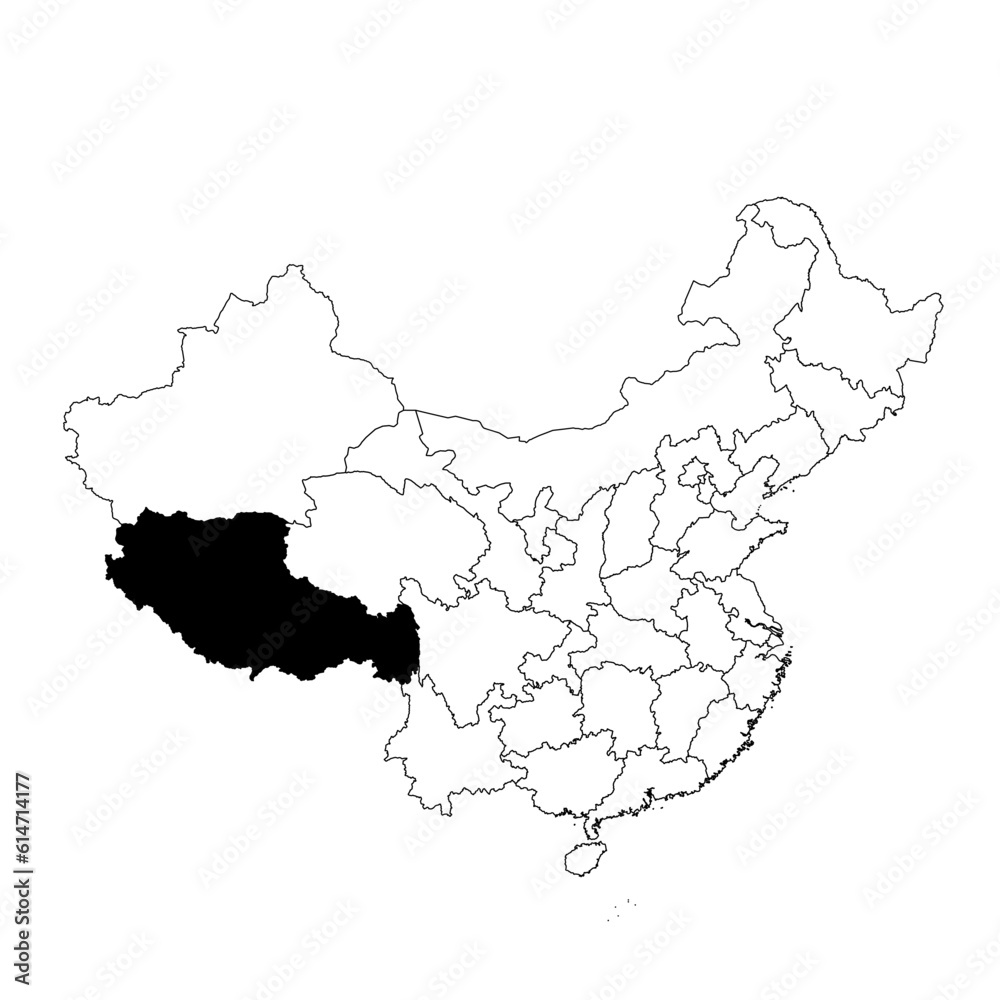 Vector map of the province of Xizang highlighted highlighted in black on the map of China.