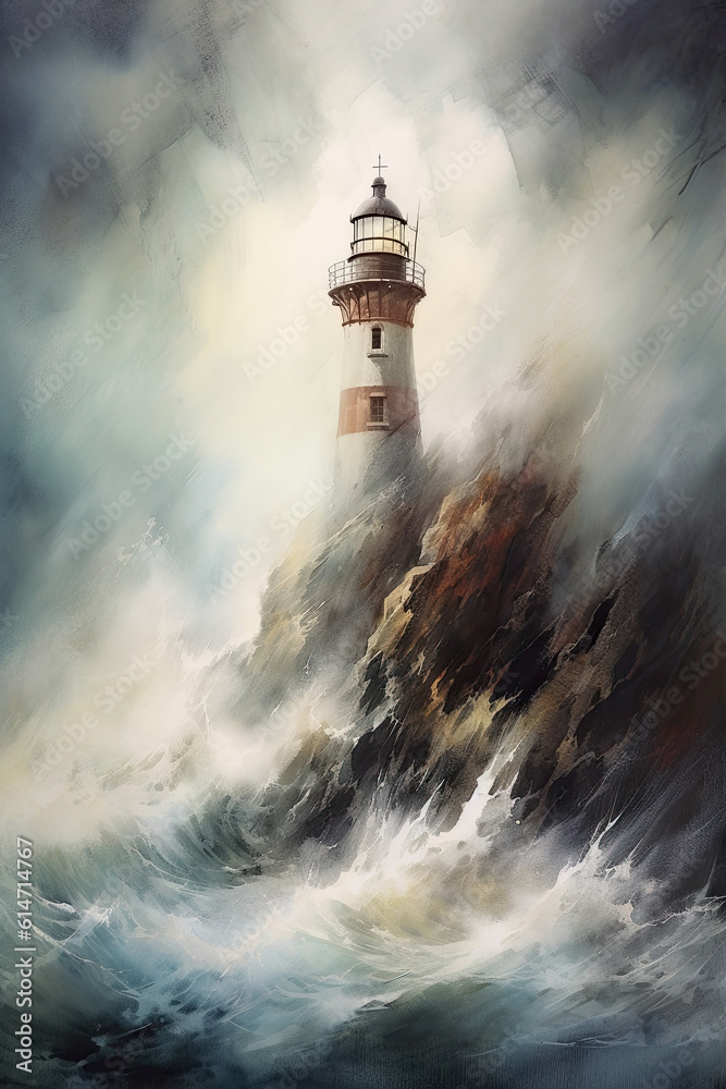 Illustrated view of a light house on a rocky outcrop. Storm at sea, with dark sky and crashing waves. Digital watercolour illustration