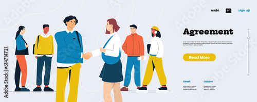 Character agreement landing page. Professional handshaking male and female workers. Cartoon hand shake for employee partnership concept. Vector illustration