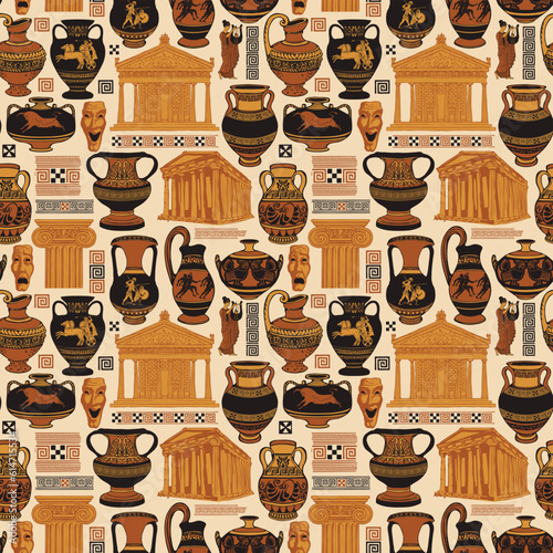 Vector seamless pattern on the theme of Ancient Greece with hand-drawn illustrations. Wallpaper, wrapping paper or fabric with ancient Greek amphorae, culture and architecture symbols