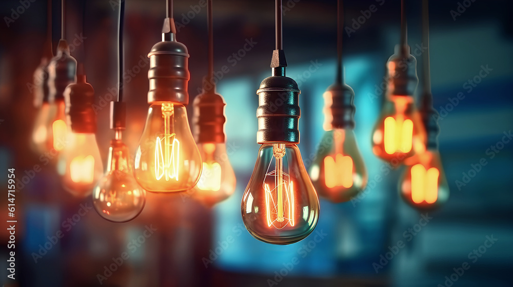 Close-Up of Illuminated Pendant Lights Hanging From Ceiling. Hanging Bulbs Glowing . Close-Up of Illuminated Pendant Lights Hanging From Ceiling. Hanging Bulbs Glowing .