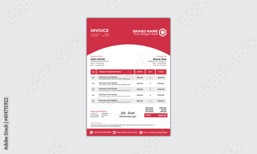 Modern Corporate and Creative Invoice Design Template Vertical Name Invoice Simple and Clean Red and Black Business Invoice Vector Illustration Colorful Gradient Invoice Design New Tend New Design