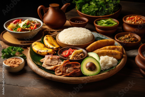 A plate of rice, avocado, meat and vegetables. Generative AI.