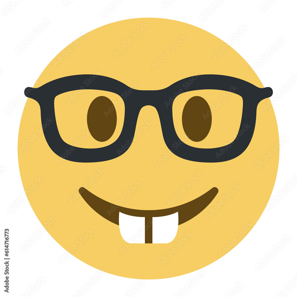 Top quality emoticon. Nerd emoji. Emoticon with transparent glasses, funny yellow face with black-rimmed eyeglasses. Top quality emoticon. Nerd emoji. Emoticon with transparent glasses, funny yellow face with black-rimmed eyeglasses.