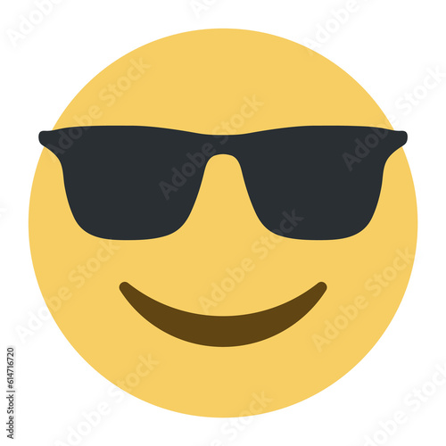 Top quality emoticon. Cool emoticon. Smiling face with sunglasses emoji. Happy smile person wearing dark glasses. Yellow face emoji. Popular element.