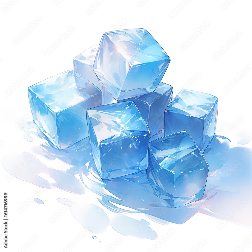 Anime style, ice cubes on white background