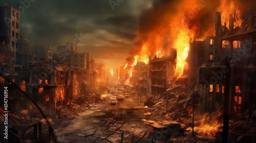 A Burning and Destroyed City, Representing War Destruction and Disaster, Generative AI