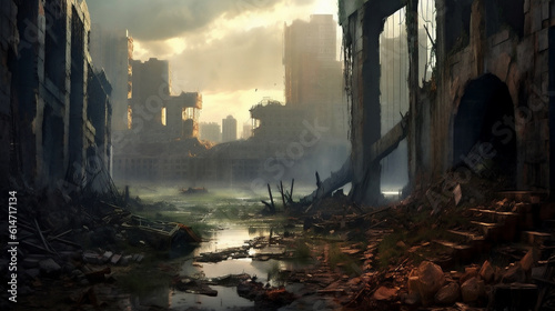 An Abandoned City With Flood Water and Destroyed Cars, Generative AI