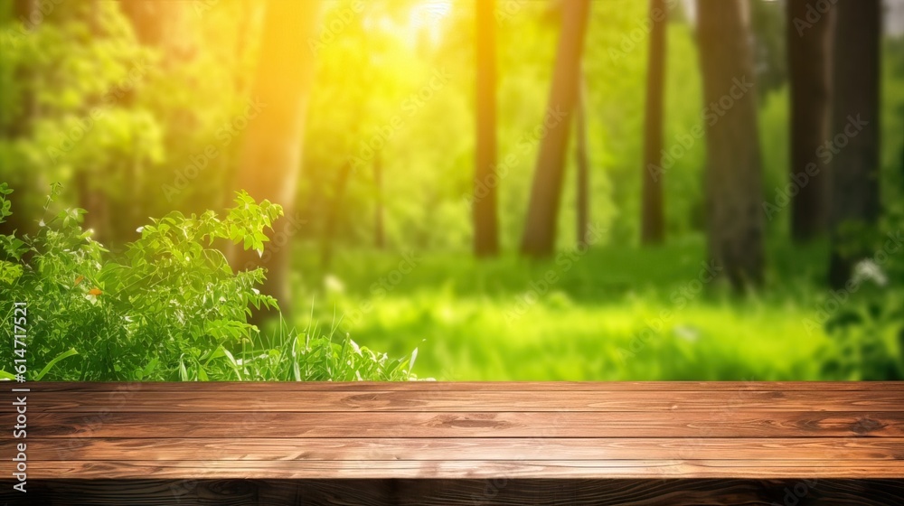 Forest wooden table background. Summer sunny meadow with green grass ...