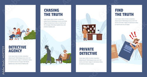 Set of vector banners, flyers private detective agency, man with mustache looking through magnifying glass, sneaking, spying, solving crime