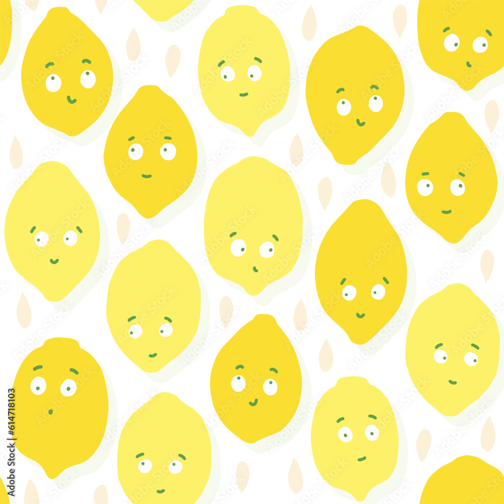 colorful vector hand drawn messy lemon fruits and seeds summer seasonal seamless repeat pattern on white background