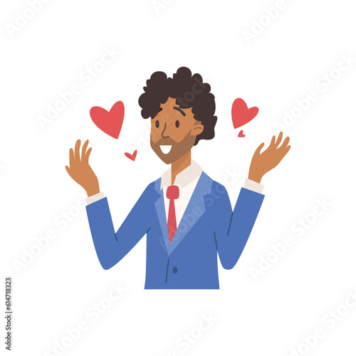 Surprised curly man in suit flat style, vector illustration