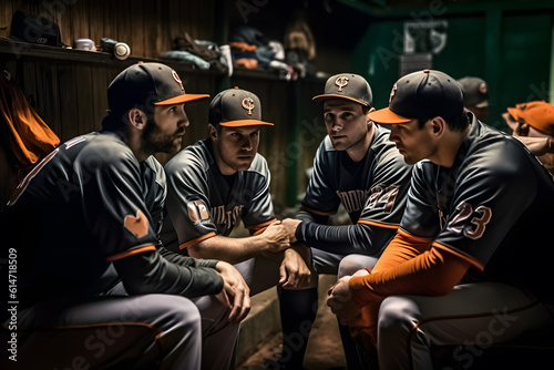 team huddled together in the dugout, discussing game strategy and analyzing their opponents. This shot reflects the strategic aspect of baseball and the team's cohesion ai generated art © mihail