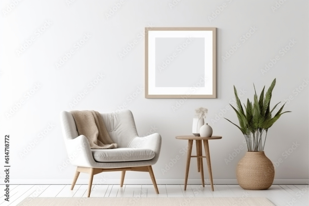 Blank picture frame mockup on gray wall. White living room design. generative AI Blank picture frame mockup on gray wall. White living room design. generative AI