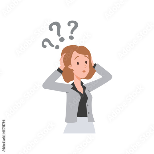 Surprised woman with questions overhead flat style, vector illustration