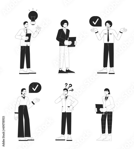 Office women and office men bw vector spot illustration set. Clerical workers 2D cartoon flat line monochromatic characters for web UI design. Colleagues editable isolated outline hero image pack