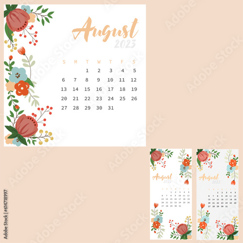 Сalendar for August with flowers. Wildflowers. blue and red flowers. There is a version for iPhone X. vintage.  vector illustration