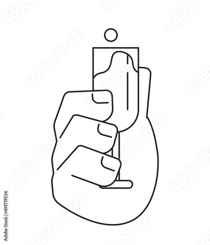 Caucasian hand toasting glass with sparkling wine monochromatic flat vector hand. Champagne beverage. Editable line pov closeup clip art on white. Simple bw cartoon spot image for web graphic design