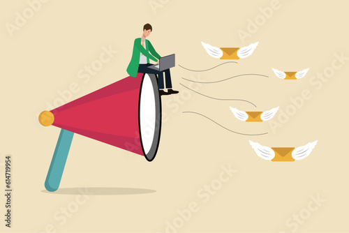 Email marketing campaign, subscription newsletter or online announcement to customer, Businessman sitting on loudspeaker ready to send digital letters and newsletters in the form of flying letters
