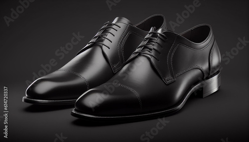 Pair of black shoes, Black leather derby shoes for men, Generative AI photo