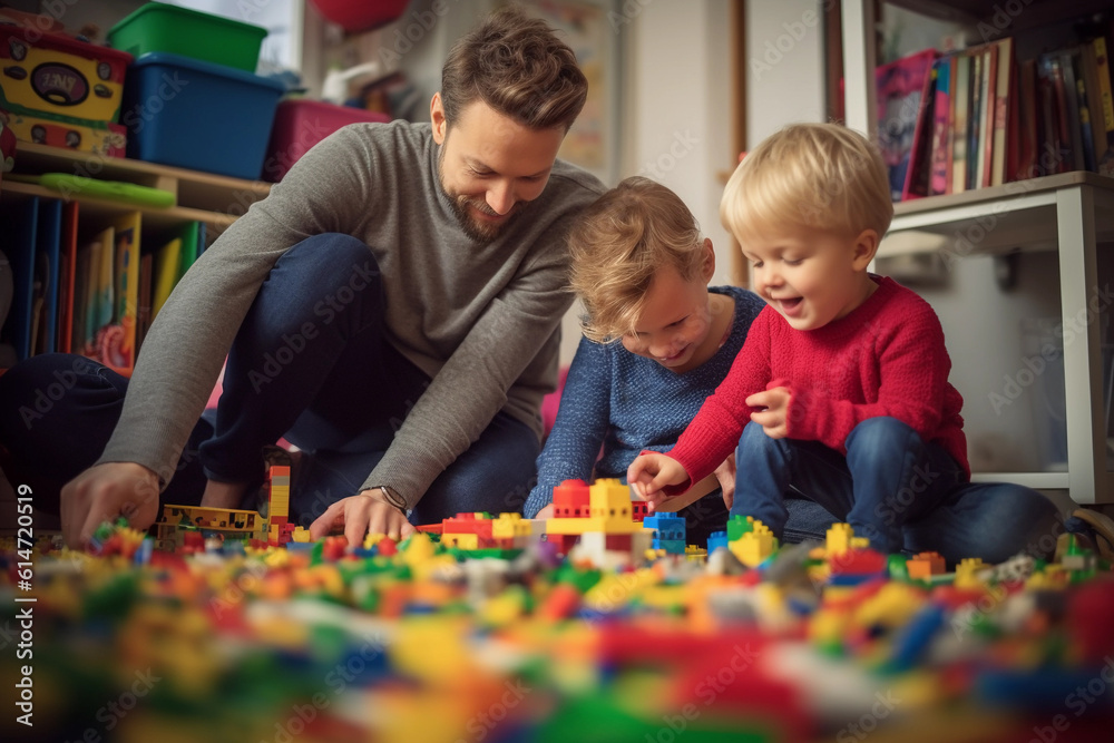 Fototapeta premium young asian couple with their little boy playing in their room with blocks pieces