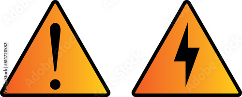 Sign: attention, danger, electric shock! Triangular orange sign with a gradient and black outline. With exclamation mark and lightning inside. Vector illustration.